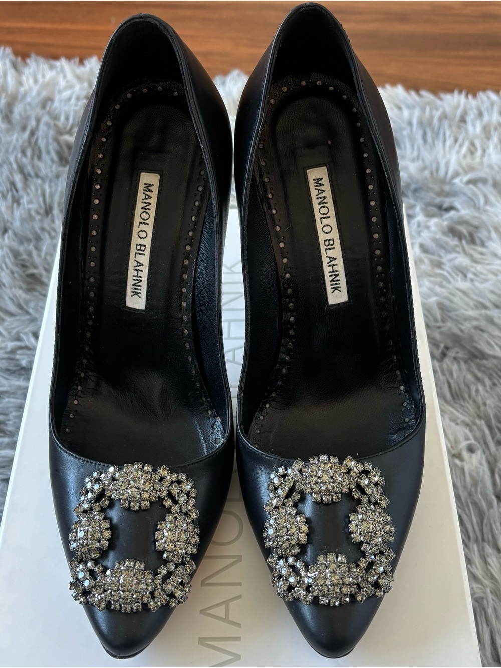Manolo Blahnik Black Leather Pointed-Toe Pumps with Crystal Buckles